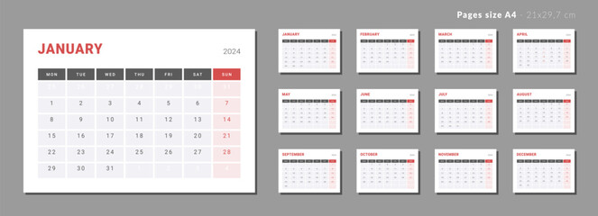 Set of Monthly page Calendar Planner Templates 2024. Vector layout of a wall or desk simple calendar with week start monday. Calendar grid in grey, red color for print. Page for size A4 or 21x29.7 cm