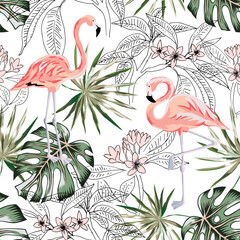 Pink flamingo, plumeria flowers, green palm leaves, white background. Vector floral seamless pattern. Tropical illustration. Exotic plants, birds. Summer beach design. Paradise nature
