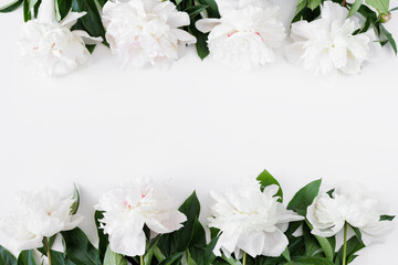 Frame of peony flowers, leaves and petals with space for text on white © Di Studio