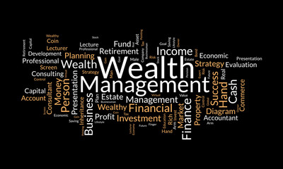 Word cloud background concept for Wealth management. Financial investment, income plan strategy of profit management. vector illustration.