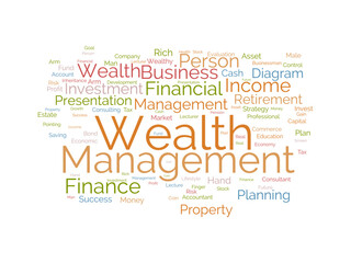 Word cloud background concept for Wealth management. Financial investment, income plan strategy of profit management. vector illustration.