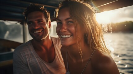 Happy and loving couple in sunshine and sunbeams traveling on summer vacation | Generative AI