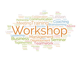 Word cloud background concept for Workshop. Business training seminar for employee brainstorming information concept. vector illustration.