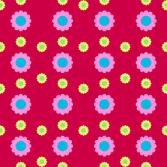 Seamless pattern with big pink and blue flower and small yellow and green flower on red background.