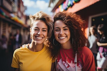 Fototapeta premium lesbian queer friends smiling in a street with rainbow coloured flags. lbtq pride.