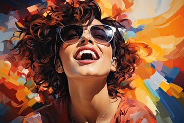 Illustration of a happy smiling woman with rainbow colours.