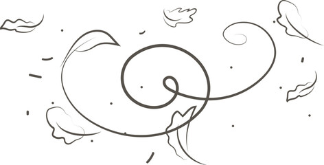 Outline drawing of a breath of wind with flying autumn leaves.Wind blow set in line style.Wave flowing illustration with hand drawn doodle cartoon style.