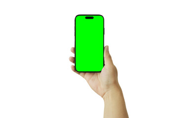 Hand holding Smartphone iPhone as png photo and isolated on transparent background for your mobile phone app or web site design, Business technology