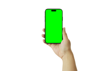 Hand holding Smartphone iPhone as png photo and isolated on transparent background for your mobile phone app or web site design, Business technology