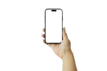 Hand holding black smartphone with screen mockup and isolated on transparent background , PNG file smartphone application design concept.