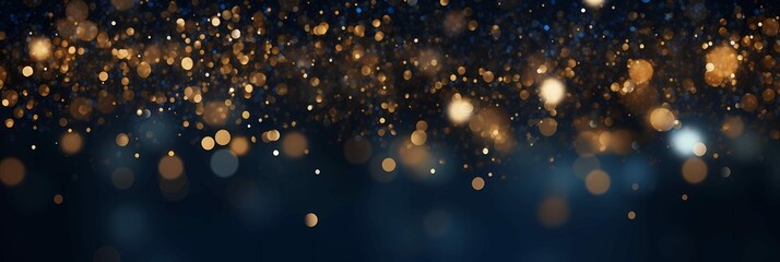 abstract background with Dark blue and gold particle. Decorative artistic background. Christmas Golden light shine particles bokeh on navy blue background. Gold foil texture. Holiday concept. 