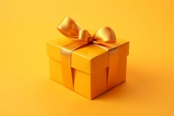 Obraz na płótnie Canvas Gift box with golden satin ribbon and bow on yellow background. Holiday gift with copy space. generative ai