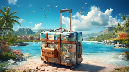 Suitcase for a illustration of a trip around the world with nice weather, blue skies and adventures holidays | Generative AI