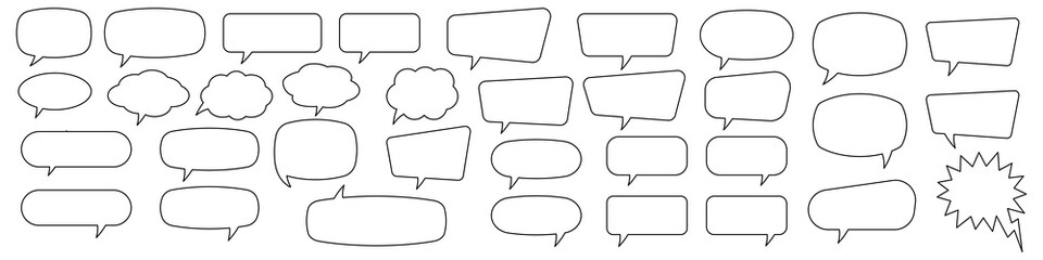 Speech bubbles set of outlined circle, distorted rectangle and square blank. Trendy line shapes, speech balloon, chat bubble on white background, vector design elements.
