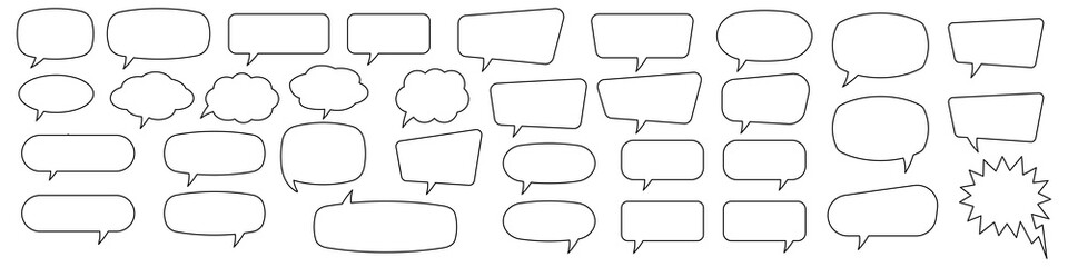 Fototapeta premium Speech bubbles set of outlined circle, distorted rectangle and square blank. Trendy line shapes, speech balloon, chat bubble on white background, vector design elements.