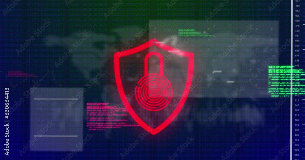 Poster animation of padlock and biometric fingerprint and data processing over dark background