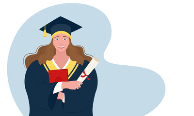 Portrait of a student, graduate in a stylized academic cap and gown. Vector illustration isolated on white background.
