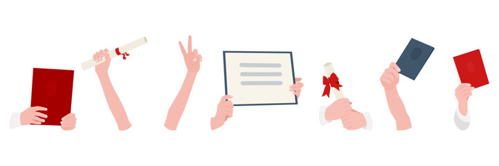 Set of raised hands. Hands holding diploma, scroll, charter or certificate. Graduates rejoice at the end of their studies. Vector illustration.