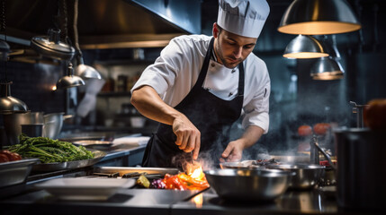 Cook man neatly decorates the dish. young professional chef adding some piquancy to meal. in modern kitchen, at work in uniform - obrazy, fototapety, plakaty