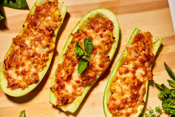 Stuffed zucchini on white background, baked loaded zucchini boats, Top view, Homemade.
