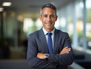 Fototapeta premium Handsome hispanic senior business man with crossed arms smiling at camera. Indian or latin confident mature good looking middle age leader male businessman on blur office background with copy space.