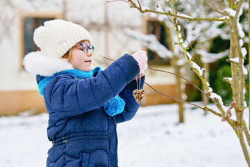 Little girl with glasses feeds birds on winter. Happy smiling preschool child hanging selfmade bird seed heart on tree. On cold snowy winter day.