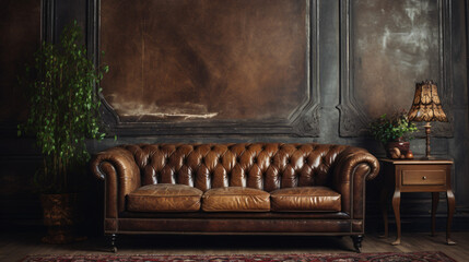 Old vintage interior with leather sofa