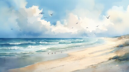 Watercolor painting of an idyllic beach - obrazy, fototapety, plakaty