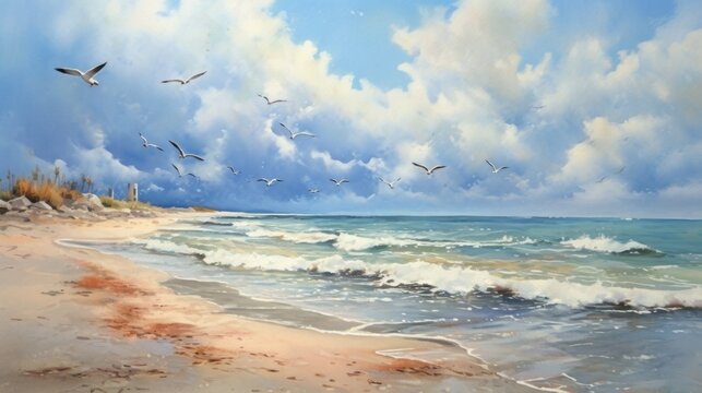 Watercolor painting of an idyllic beach