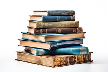 Stack of old different books isolated on white background