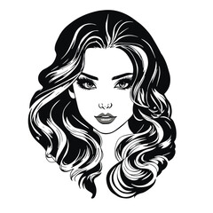 Black and white female portrait, beautiful elegant pose, loose wavy hair. Vector line art illustration