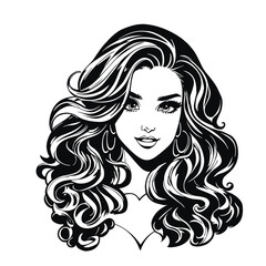 Black and white female portrait, beautiful elegant pose, loose wavy hair. Vector line art illustration