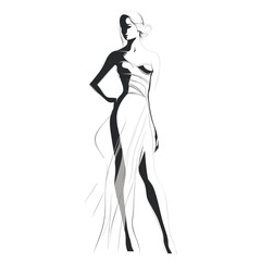 Fototapeta na wymiar Black and white female silhouette, woman in long stylish white dress, with elegant hair style, high heels. Vector line art illustration