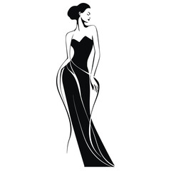 Black and white female silhouette, woman in long stylish dress, hair in a bun. Vector line art illustration