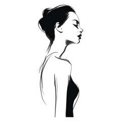 Black and white female silhouette, mysterious elegant portrait, with hair in bun. Vector line art illustration