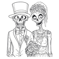 Wedding portrait of zombie couple in love, line art vector illustration, cartoon funny style