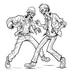 Zombie men dancing, line art vector illustration, cartoon style