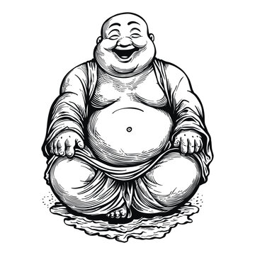 recommend clip art: Sitting smiling Buddha isolated on white. Esoteric vintage line art illustration. Indian, Buddhism, spiritual art. Hippie tattoo, spirituality, Thai god, yoga zen, vector