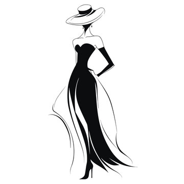 recommend clip art: Black and white female silhouette, woman in long stylish dress and elegant hat. Vector line art illustration