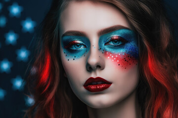 Fototapeta premium beautiful Girl with USA makeup on American flag background. periotic concept