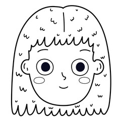 Happy girl face emotion in outline. Calm little kid clipart in black and white for coloring. Emotional expression head close-up. Vector illustration