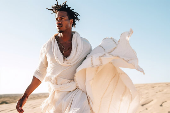 a handsome dark-skinned man with long curly hair and a white flowing dress walks along a sand dune in the Sahara Desert. 