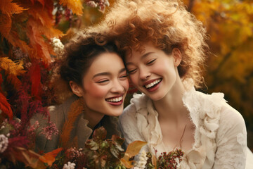 female brides/models/lgbtq + couple in magazine wedding/engagement editorial fashion/beauty photo shoot embracing/kissing autumn colours film photography look - generative ai art