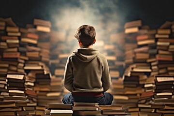 The child stands on the mountains from the books, the view from behind. - obrazy, fototapety, plakaty