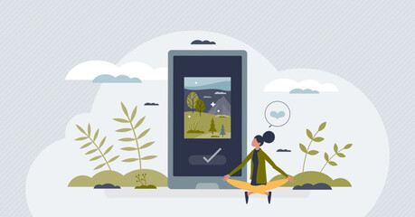 Mental wellness apps and meditation software for phone tiny person concept. Yoga treatment for anxiety, mind relaxation and emotional problem solving vector illustration. Smartphone harmony program.