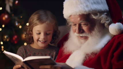 Fototapeta na wymiar A close up of santas face as he reads a book to a child, christmas image, photorealistic illustration