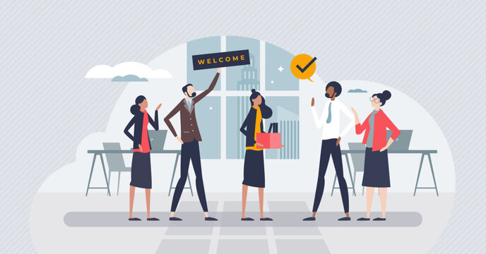 Onboarding and stepping into team as welcome new staff member tiny person concept. Greetings and welcome process into company vector illustration. Introduce colleagues and cooperative environment.