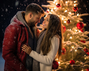 A couple embracing under a christmas tree in the snow, christmas image, photorealistic illustration