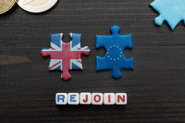 Uk rejoin european union concept: two tiles with UK and europe flag on a table