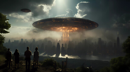 UFO, an alien saucer hovering above the field in the clouds, hovering motionless in the sky. Unidentified flying object, alien invasion, extraterrestrial life, space travel, spaceship. mixed media